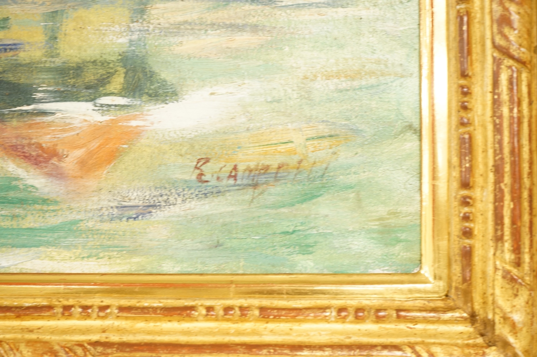 R. Campbell, Continental harbour view with huts, signed, oil on canvas, 51 x 68cm, gilt framed